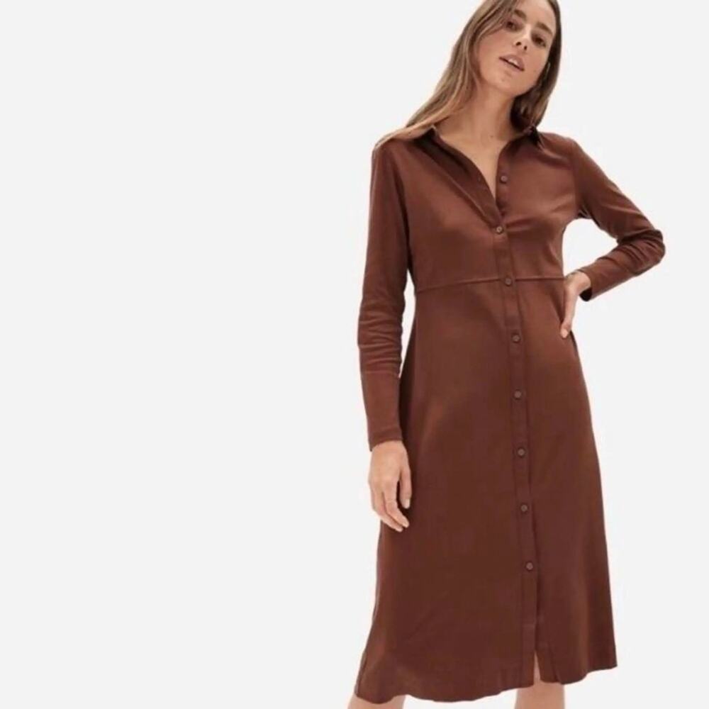 Everlane The Luxe Cotton Long Sleeve Button Front Dress Brown Small